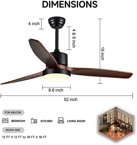 מאוורר תקרה לוקסאפקס עם אורות, מאוורר תקרה מודרני בגודל 52 אינץ ' עם לד 40 וואט, 3 להבי מאוורר עץ, מנוע