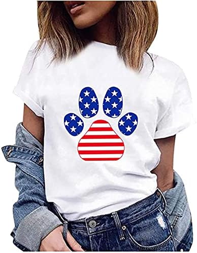 טיזים גרפיים לנשים דגל אמריקאי חולצת טי קיץ אופנה צווארון צווארון טשטורות יום עצמאות חולצה שרוול קצר חולצה