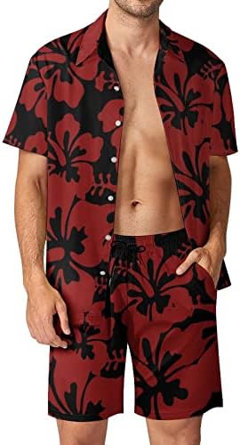 כתום אדום היביסקוס צבע גברים 2 חלקים תלבושות חוף כפתור הוואי מטה חולצת שרוול קצר ומכנסי קיץ מכנסיים