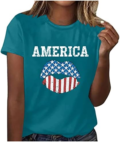 חולצת טריקו צווארון עגול של נשים דגל אמריקאי דגל שפתון הדפסים מודרניים 2023 חולצות טי קיץ