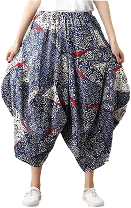 UKTZFBCTW מכנסיים בסגנון יפני HAREM STREITWEAR נשים מותניים אלסטיות אתניות רופפות מכנסיים ארוכים