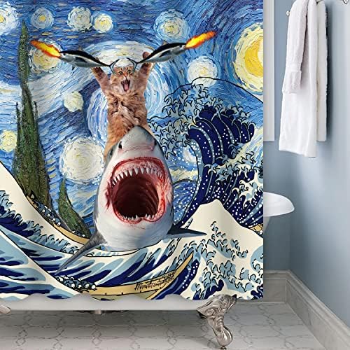 ASDCXZ וילון מקלחת לילדים מצחיקים, חתול מגניב וכריש לוויתן יפני Kanagawa Ocean גל כחול עיצוב חדר אמבטיה