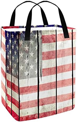 רטרו עץ אמריקאי דגל גבוה מתקפל סל כביסה עם ידיות מתקפל בגדי צעצוע אחסון סלי