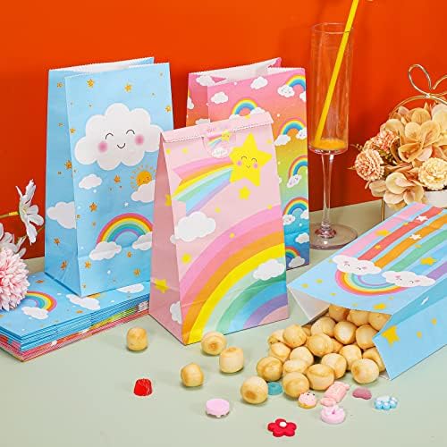 24 חבילות מסיבת קשת תיקים לטובת תיקים עם מדבקות שקיות ממתקים קשת קשת קשת פסטל קשת תיקים תיקים לילדים ציוד