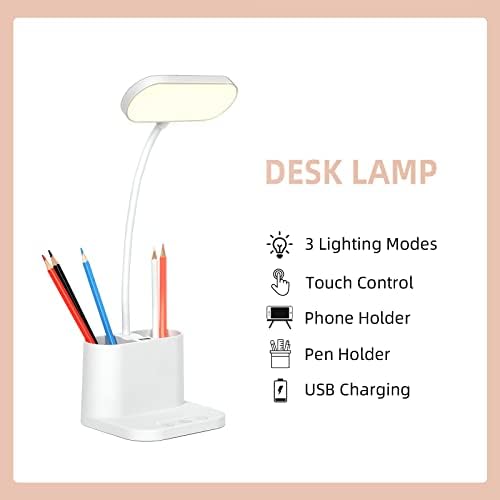 מנורת לימוד OWWASD, מנורת שולחן LED נטענת עם מחזיק עט, 8 מנורת שולחן בהירות עם יציאת טעינה USB, ניתן לעמעום קריאה