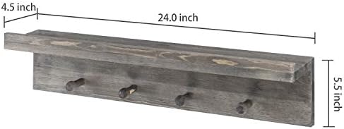 עץ אפור רכוב על קיר עץ אפור 24 אינץ 'מדף תלוי עם 4 ווים יתדות
