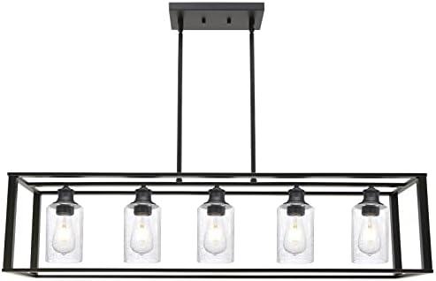 תאורת אי מטבח של Meluxem 5 Lights, נברשת ליניארית מודרנית עם זכוכית זרעים, חדר אוכל תעשייתי שחור גופי תאורה מעל