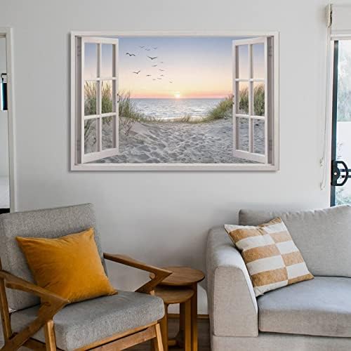 דיונה חולית חוף ציפורי חוף נוף חלון נוף, מסגרת חלון סגנון עיצוב מודרני עיצוב ביתי פוסטר אמנות ואמנות