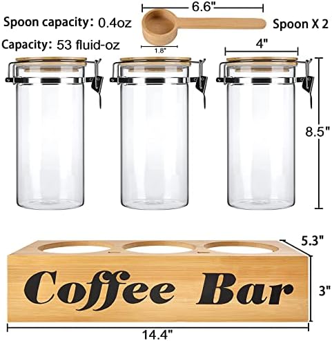 3 יחידות מיכל קפה מזכוכית עם מדף בר קפה מודפס, מיכל סוכר, צנצנות אחסון פולי קפה מזכוכית 3 על 53 עוז