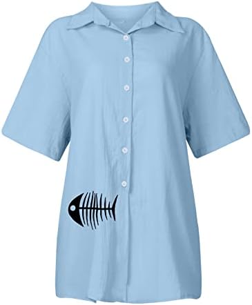 כפתור פשתן כותנה מטה על גבי נשים 2023 שרוול קצר אופנה הדפסת דגים מזדמנים רופפים חולצות חולצות נוחות