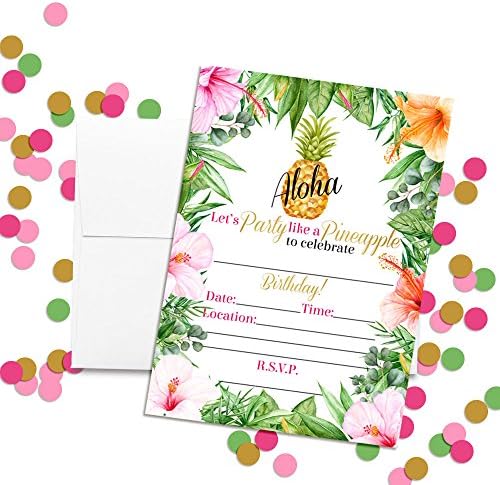 פרחים טרופיים אננס Aloha luau הזמנות למסיבות, 20 5 x7 מלא כרטיסים עם עשרים מעטפות לבנות על ידי AmandAction