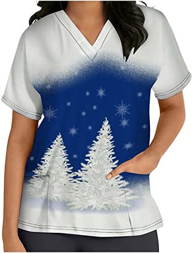 עץ חג המולד הדפסת חולצות לנשים אחות עבודה מדים חולצות צווארון קצר שרוול סוודר חולצה עם כיס