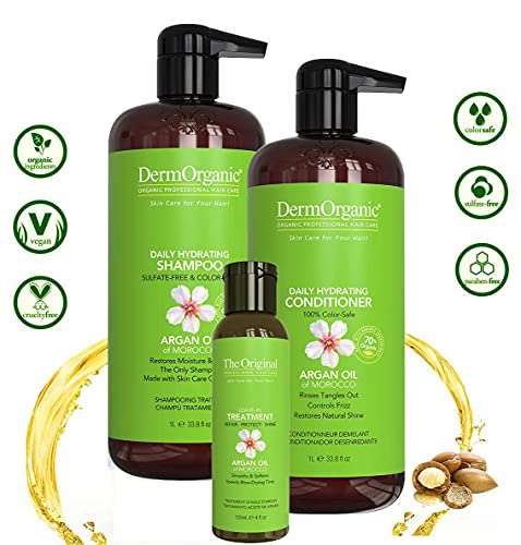 Dermorganic Shampoo Shampoo & Duo Duo, 33.8 גרם כל אחד + טיפול בהשאלה לשיער עם שמן ארגן, 4 פל. עוז