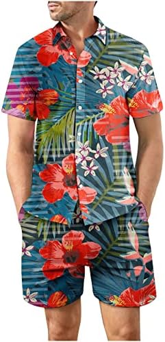RBCULF גברים חולצה פרחונית הוואי וחליפת מכנס קצרה כפתור שרוולים קצרים למטה חולצות דש מכנסיים קצרים 2