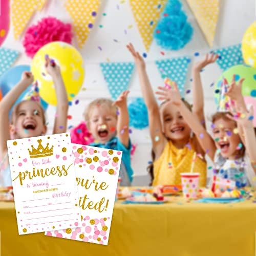 Tuyashua הזמנות למסיבת יום הולדת של הנסיכה הקטנה, הזמנות לסגנון זהב ורוד ונקודה, ציוד למסיבות נסיכות לבנות,