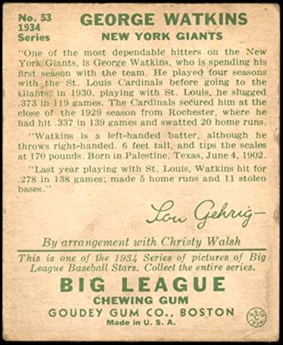1934 Goudey 53 Yel George Watkins New York Giants Giants Giants