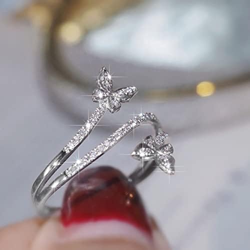 2023 חדש כפול פרפר טבעת כסף זירקון יהלומי חתונת אירוסין טבעת תכשיטי מתנה לנשים פרפר צורת ריינסטון טבעת גודל