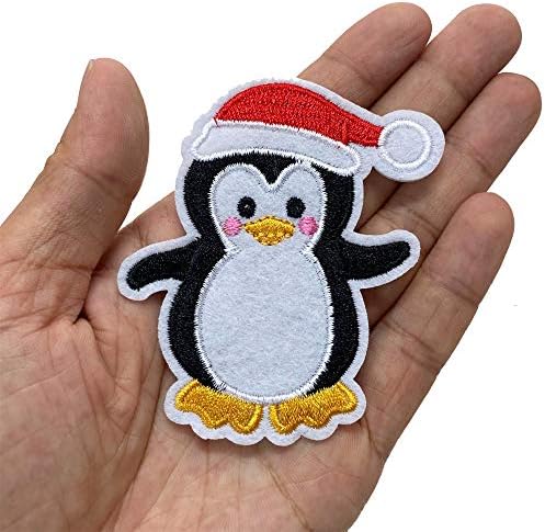 2.6 X3 12 יחידות חג המולד X'MAS פינגווין עם כובע סנטה ברזל על תפור על בד טלאים רקומים אפליקציות פרויקטים
