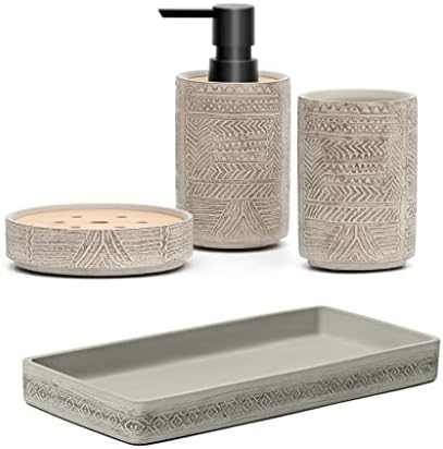 סט אביזרי אמבטיה אפורים, כולל מתקן סבון אמבטיה קרמיקה, מחזיק מברשת שיניים, תבשיל סבון ומגש קונטית
