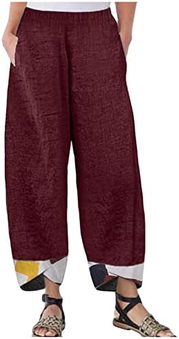 LCZIWO מכנסי כותנה ומכנסי פשתן לנשים דפסים קצוצים הדפסים אלסטיים רופפים רופפים מכנסיים עם כיסים