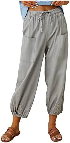 מכנסי קפרי פשתן של יארדונג לנשים שרוך אלסטיות מכנסיים מותניים גבוהים עיצוב מכנסיים מזדמנים עם כיסים