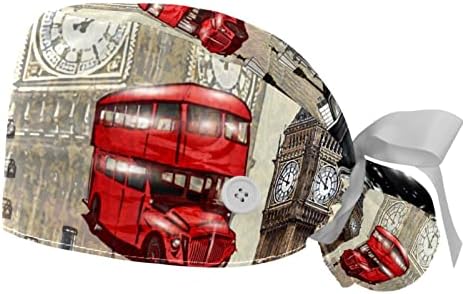 לונדון בציר עבודה כובע עם כפתור & מגבר; זיעה2 חבילות לשימוש חוזר כירורגי ניתוח כובעי קוקו מחזיק, רב צבע