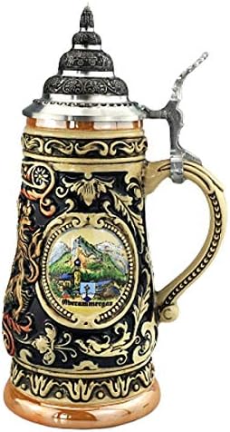 בירה גרמנית גרמנית שטיין באיירן שטיין 0.4 ליטר טנקארד, ספל בירה, קובלט, צבעוני, צבוע ביד, עם מכסה בדיל