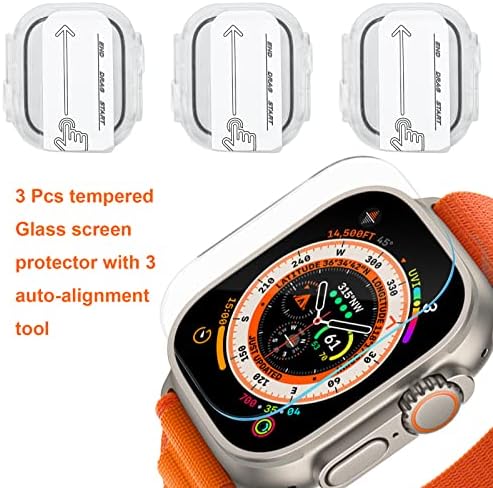 מגן מסך זכוכית מחוסמת 3 חבילות לחותיות עבור Apple Watch Ultra 49 ממ עם מארז יישור, HD ללא מגן מסך ידידותי לבועה
