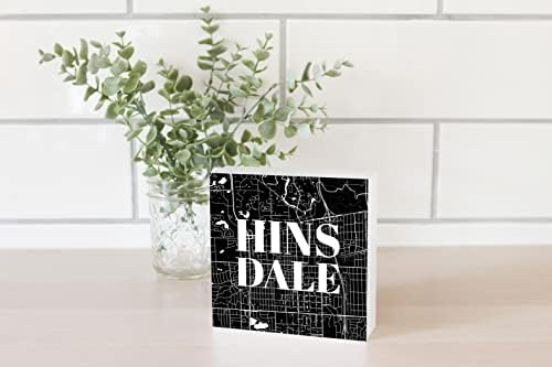 מפת B&W מינימליסטית של אילינוי היינסדייל, עיצוב בית ג'ויריד, שלט בלוק עץ, 5 ​​x5 חופשי, מדף או קיר מוצג, אמן