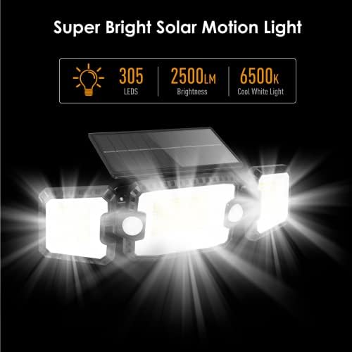 אורות שיטפון חיצוניים סולאריים של טמפאו, 305 אורות חיישן תנועה לד 2500 לט עם חיישנים כפולים, אייפ65 עמיד למים 3