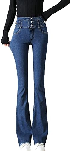 מכנסי ג'ינס רזים של Maiyifu-GJ ג'ינס רזים ג'ינס מותניים גבוהים 3 כפתור פעמון מכנסי ג'ינס הרסו מכנסי ג'ין גולמיים
