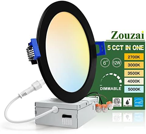 Zouzai 1 חבילה שחורה 6 אינץ 'LED דקיק אור שקוע אור עם תיבת צומת, 2700K/3000K/3500K/4000K/5000K ניתן