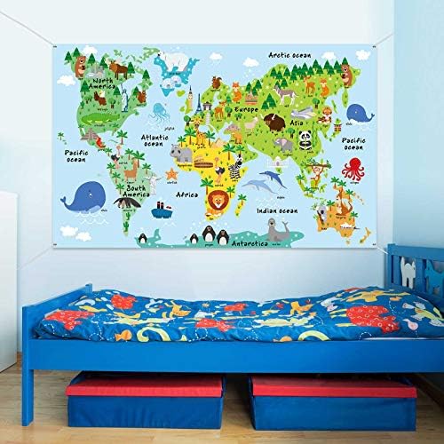 מפת עולם רקע חיה ציוני דרך עולמית מפה מפה שטיחים לילדים בעלי חיים קריקטורה חינוכית קיר רקע עולמי