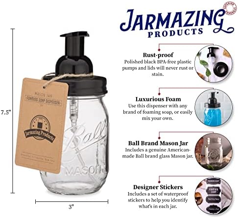 מוצרי Jarmazing Mason Jar מתקן סבון מקציף - שחור - עם צנצנת מייסון כדור אונקיה של 16 גרם - שני חבילות!