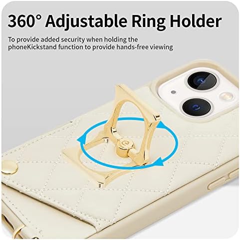 רומיאלה אייפון 14 פלוס טבעת עם מחזיק כרטיסים שרוך רצועת רצועה, כיסוי עור חוסם RFID 360 מעלות טבעת