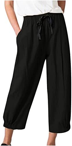 מכנסי פשתן לנשים מכנסיים קצוצים בקיץ מכנסיים חוף מכנסי קפרי קפרי אלסטיים מותניים מותניים רחבים מכנסיים עם