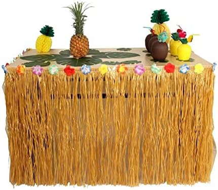 חצאית שולחן הוואי טוספויה באורך 9 רגל נמתחת עד 27 רגל! / צהוב דשא שולחן חצאיות / היביסקוס ואאו טרופי נושא