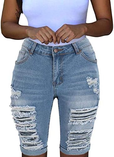 Uofoco נשים אמצע עלייה עולה נמתחות מכנסיים קצרים באורך הברך מפותל ברמודה למתוח ג'ינס קצר