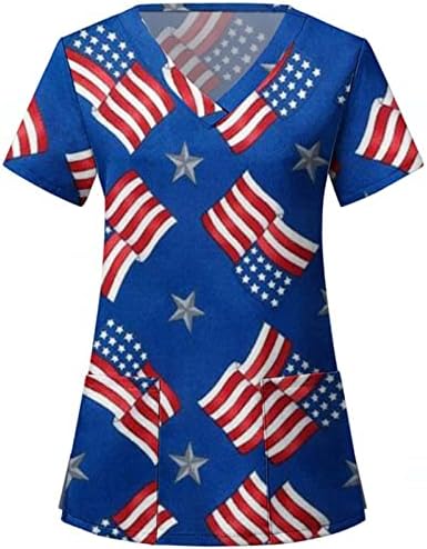 4 ביולי חולצת טי לנשים דגל אמריקאי קיץ חולצה עם צווארון שרוול קצר עם 2 כיסים חולצות בגדי עבודה מזדמנים לחג