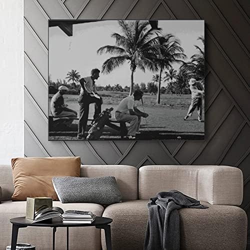 פוסטרים בשחור לבן של קבוצת גברים שמשחקים גולף על קיר בד מודפסים עם קישוט בד צביעה פוסטר אמנות קיר