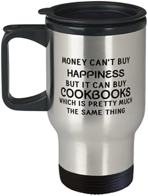 ספל נסיעות של ספר בישול מצחיק, כסף לא יכול לקנות אושר אבל זה יכול לקנות ספרי בישול, חובב ספרי בישול 14oz