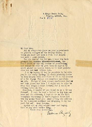 נורמן אנגל נובל פרסי שלום חתימה, מכתב שהוקלד חתום ומותקן