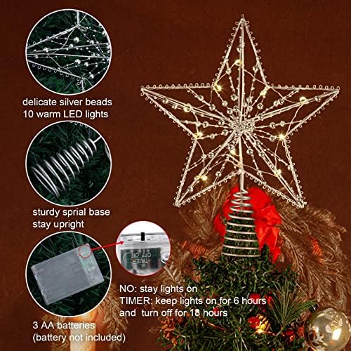 עץ חג המולד קישוטי כוכבי טופר עם 10 נורות LED חמות חרוזים עדינים למסיבות חגיגיות בגודל רגיל קישוטי עץ חג המולד,