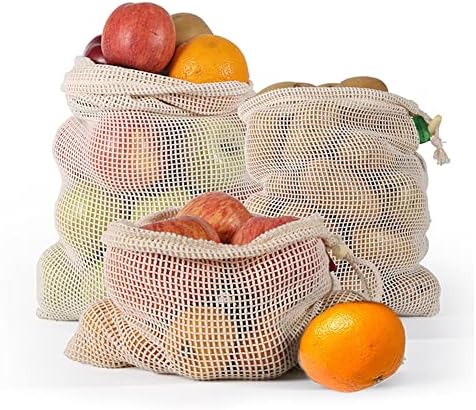 אלנדה 9 חבילה לתיקי תוצרת לשימוש חוזר, חוט קניות נטו שקיות מוסלין לאחסון צעצועי ירקות של מכולת
