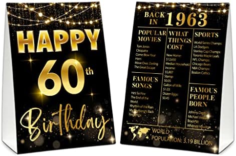 שלט שולחן יום הולדת 60, שחור וזהב בחזרה בקישוטים למסיבות יום הולדת 1963, מתנות ליום הולדת וינטג 'לגברים, שלטי