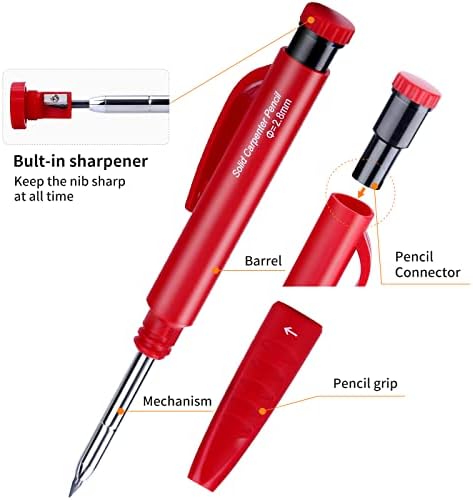 מוצק קרפנטר עפרונות מכאני עם 14 יחידות מילוי-עמוק חור נגרות עיפרון עם מובנה מחדד, בניית עפרונות עם אדום