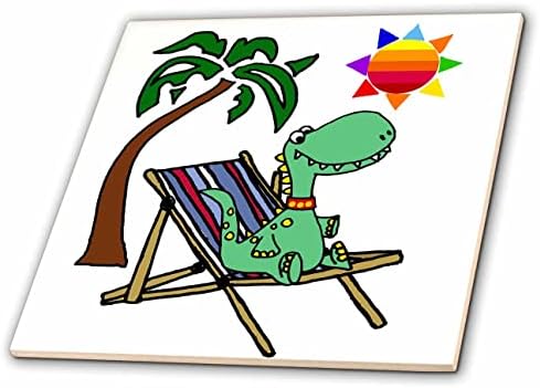 3 ורוד דינוזאור תינוק מצחיק על כיסא חוף ושמש ועץ דקל-אריחים