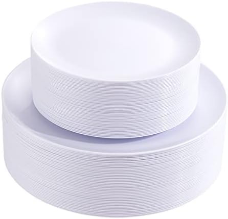 פולוטה 100 יחידות לבן פלסטיק צלחות-פרימיום איכות במשקל כבד לבן חד פעמי צלחות כולל 50 לבן ארוחת ערב צלחות, 50 לבן