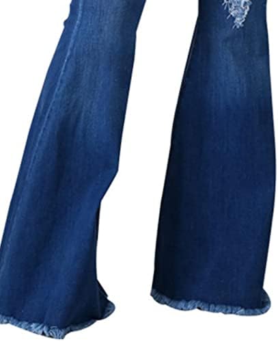 נשים של קרע פעמון תחתון ג 'ינס גבוה מותן גלם מכפלת התלקח ז' אן הרזיה במצוקה רחב רגל ג ' ינס מכנסיים