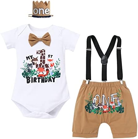 טירת iBtom תינוקת תינוק יום הולדת 1 תלבושת ג'ונגל וודלנד רומפר רומפר ופורחים ותלות 3 יחידות בגדים חליפת